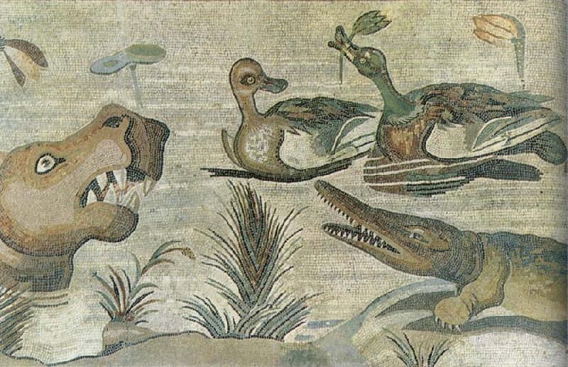 unknow artist Nilotic mosaic with hippopotamus,crocodile and ducks oil painting image